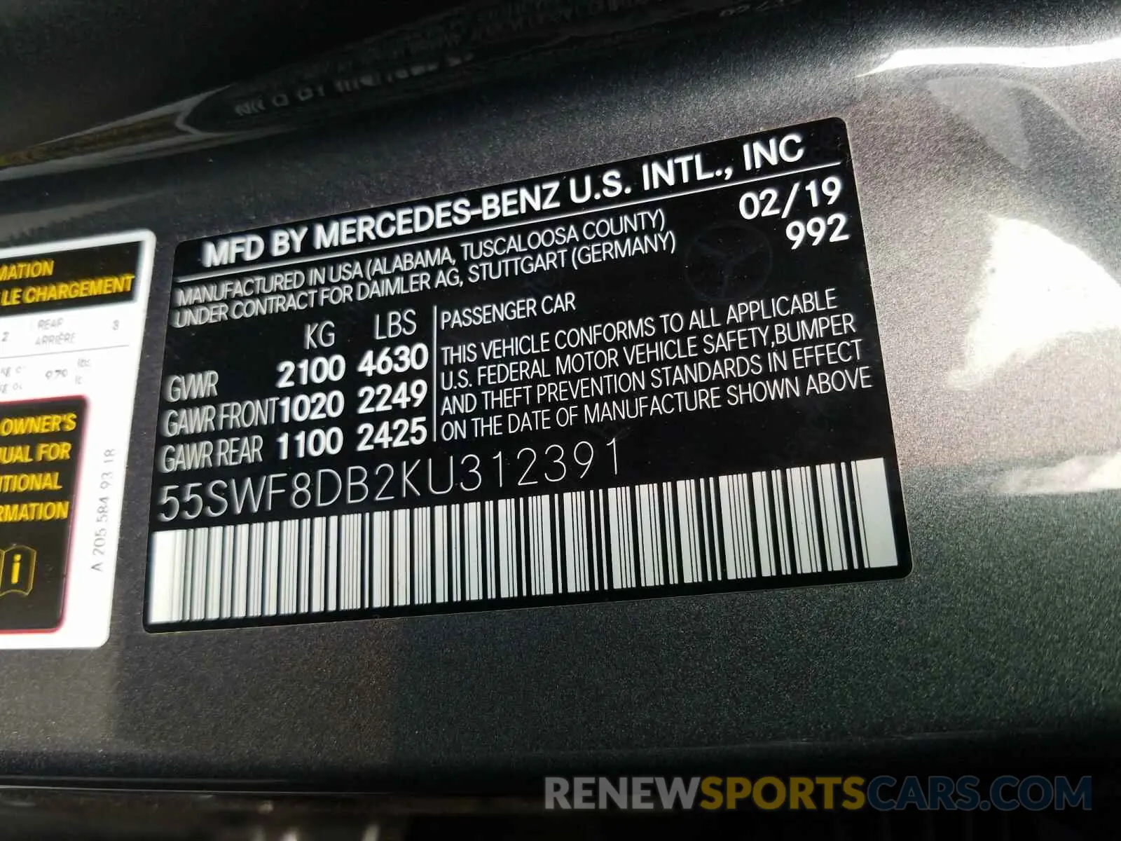 10 fotografías del automóvil dañado 55SWF8DB2KU312391 MERCEDES-BENZ C CLASS 2019