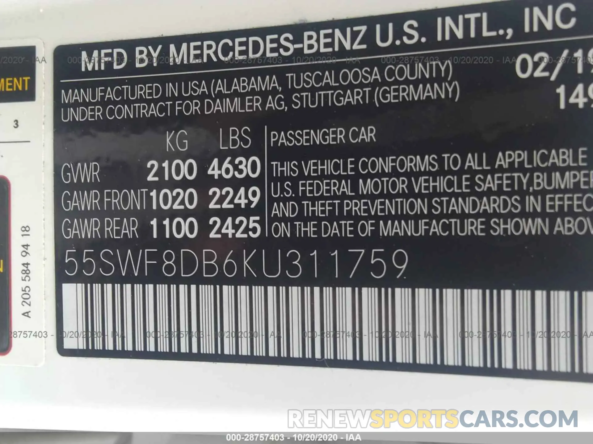 9 fotografías del automóvil dañado 55SWF8DB6KU311759 MERCEDES-BENZ C-CLASS 2019