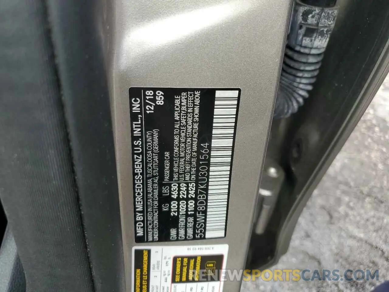 10 fotografías del automóvil dañado 55SWF8DB7KU301564 MERCEDES-BENZ C-CLASS 2019