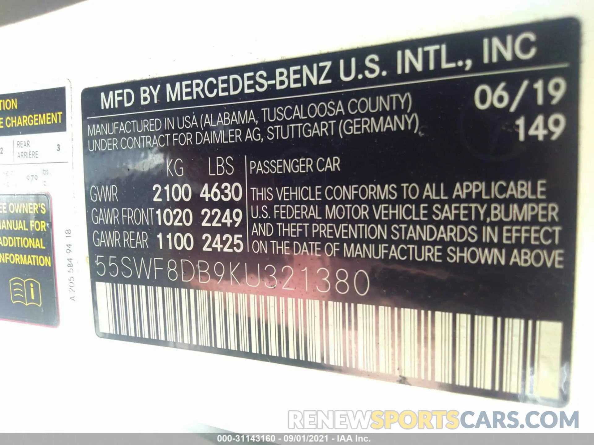 9 fotografías del automóvil dañado 55SWF8DB9KU321380 MERCEDES-BENZ C-CLASS 2019
