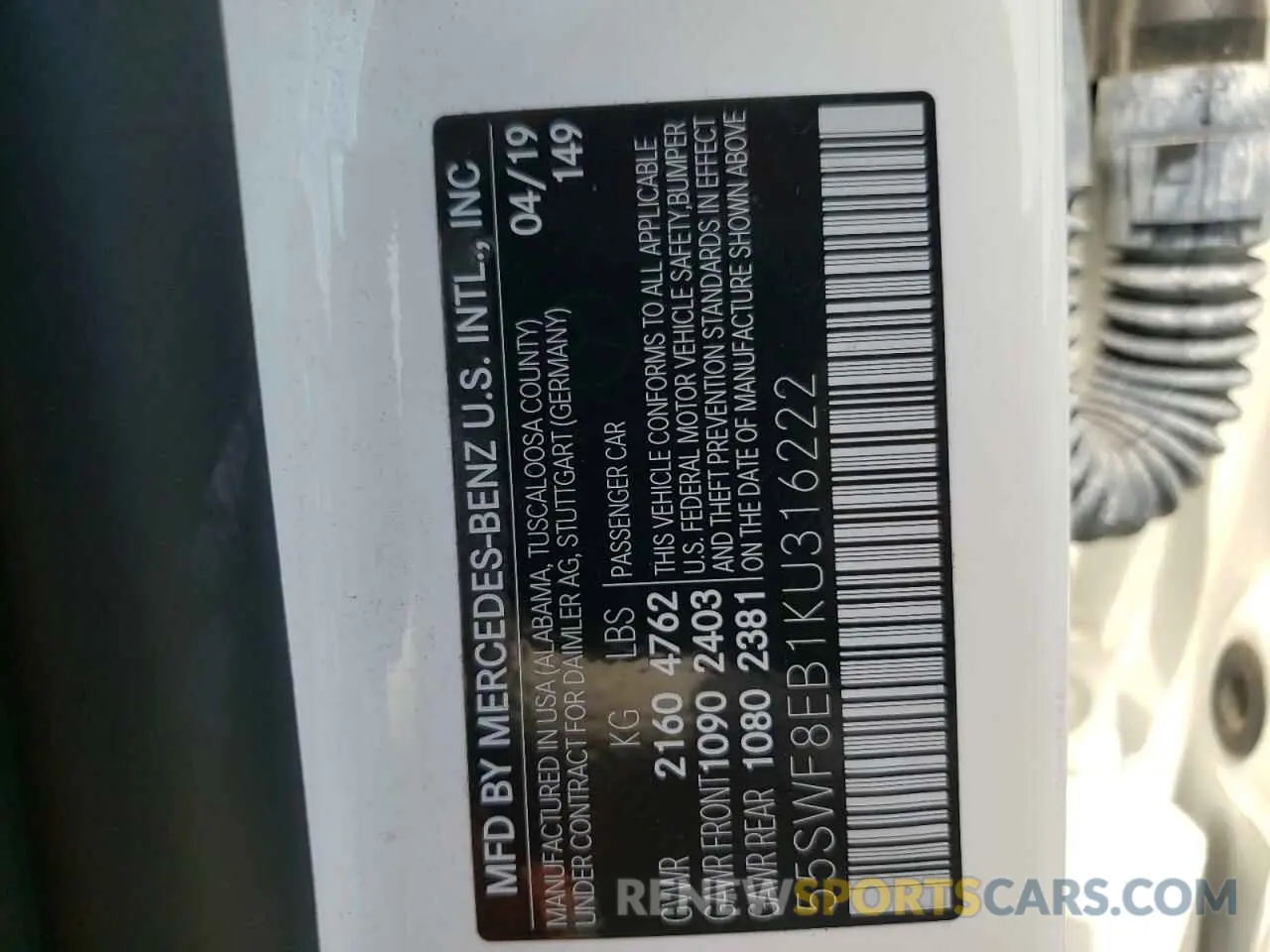 10 fotografías del automóvil dañado 55SWF8EB1KU316222 MERCEDES-BENZ C-CLASS 2019