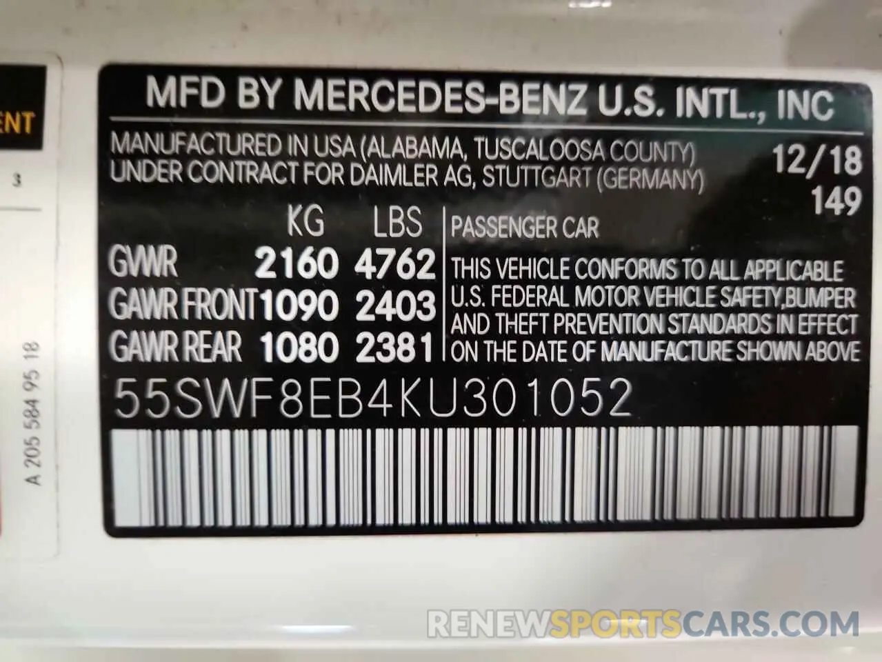 13 fotografías del automóvil dañado 55SWF8EB4KU301052 MERCEDES-BENZ C-CLASS 2019