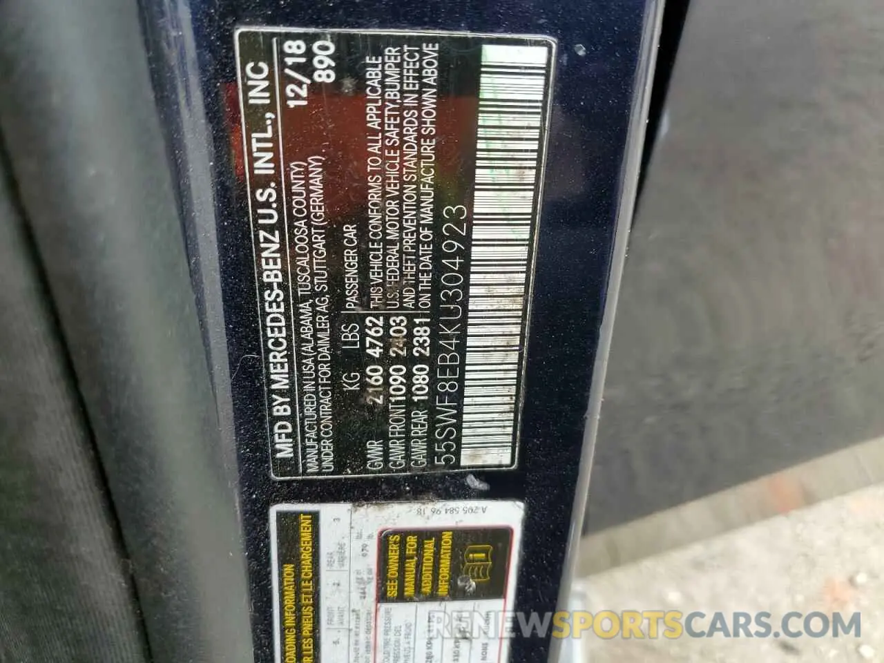 12 fotografías del automóvil dañado 55SWF8EB4KU304923 MERCEDES-BENZ C-CLASS 2019