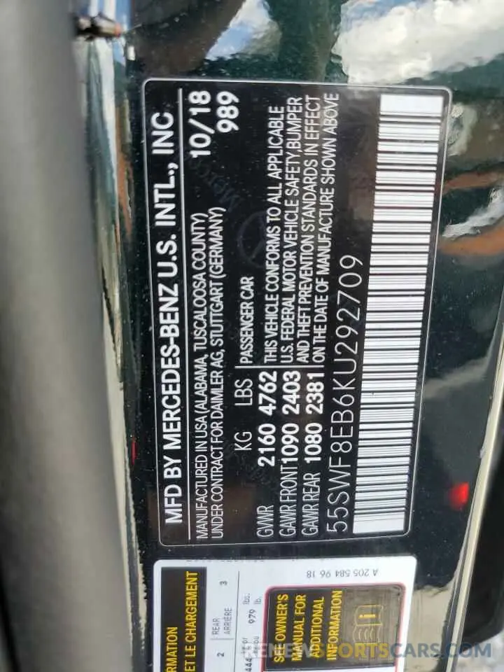 12 fotografías del automóvil dañado 55SWF8EB6KU292709 MERCEDES-BENZ C-CLASS 2019