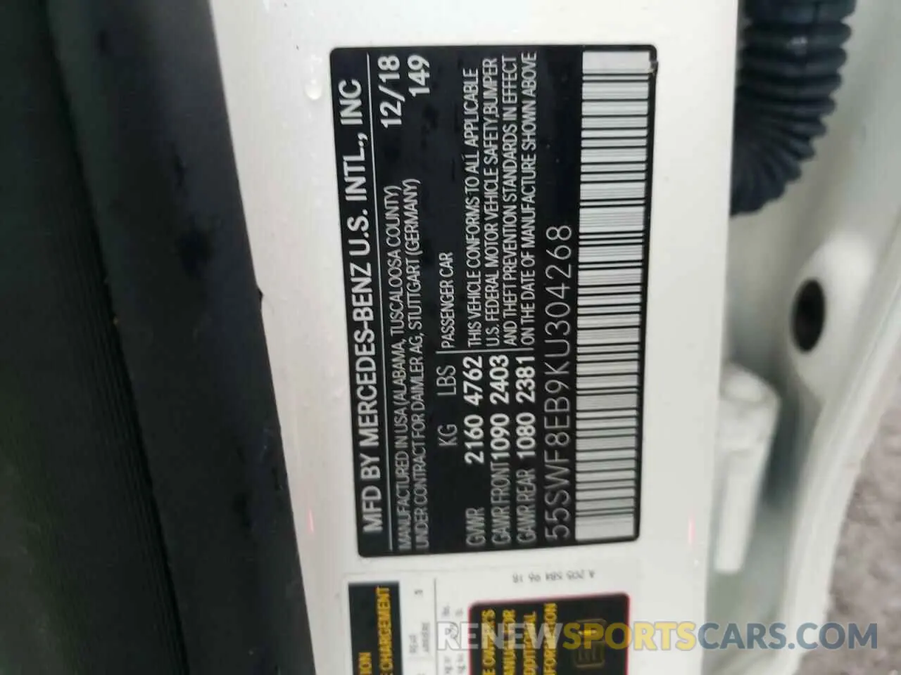 12 fotografías del automóvil dañado 55SWF8EB9KU304268 MERCEDES-BENZ C-CLASS 2019