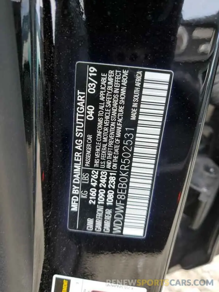 12 fotografías del automóvil dañado WDDWF8EB0KR502531 MERCEDES-BENZ C-CLASS 2019