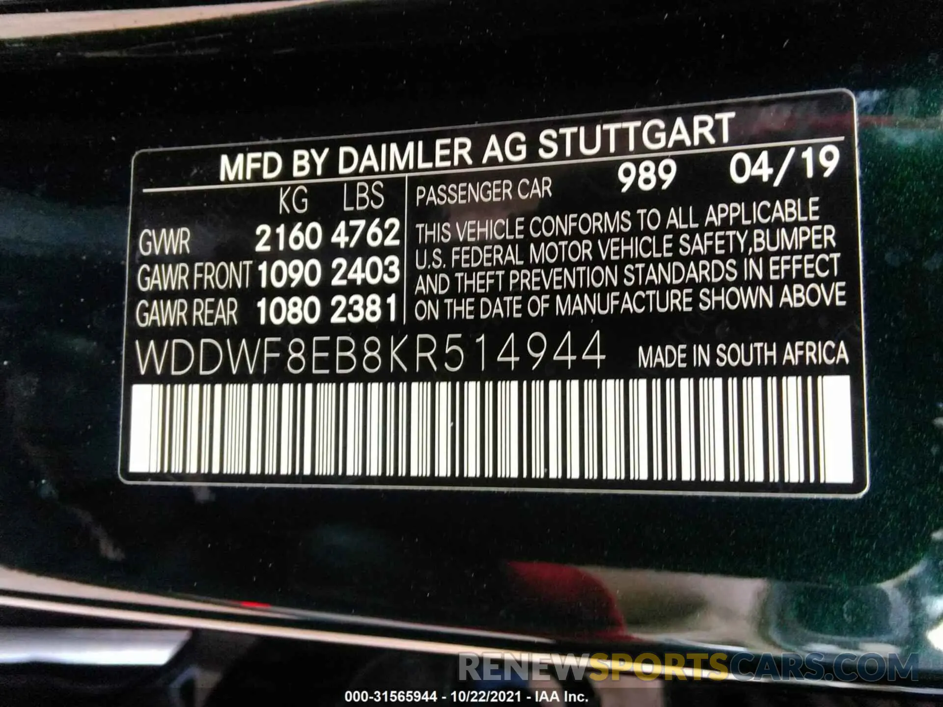 9 fotografías del automóvil dañado WDDWF8EB8KR514944 MERCEDES-BENZ C-CLASS 2019