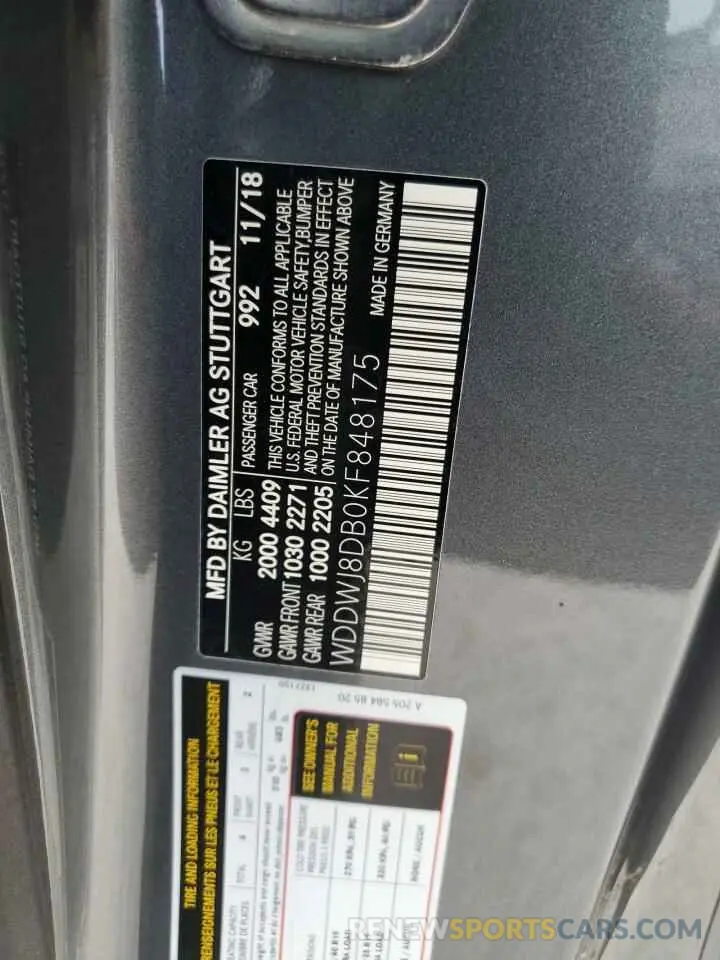 10 fotografías del automóvil dañado WDDWJ8DB0KF848175 MERCEDES-BENZ C-CLASS 2019