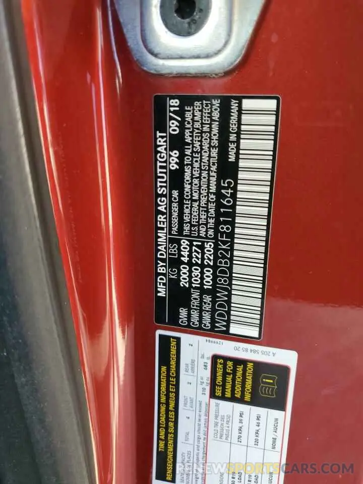 12 fotografías del automóvil dañado WDDWJ8DB2KF811645 MERCEDES-BENZ C-CLASS 2019
