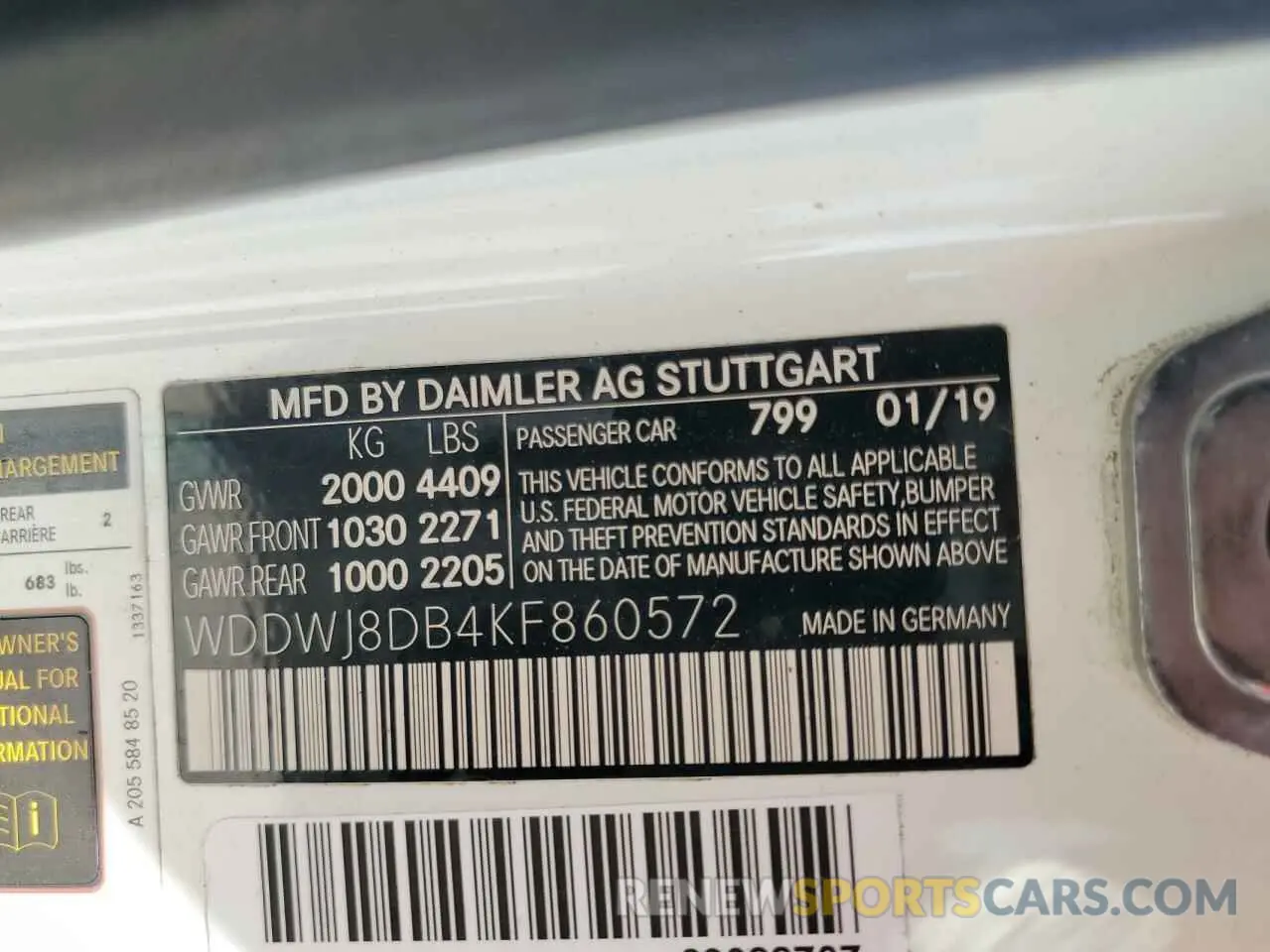 13 fotografías del automóvil dañado WDDWJ8DB4KF860572 MERCEDES-BENZ C-CLASS 2019