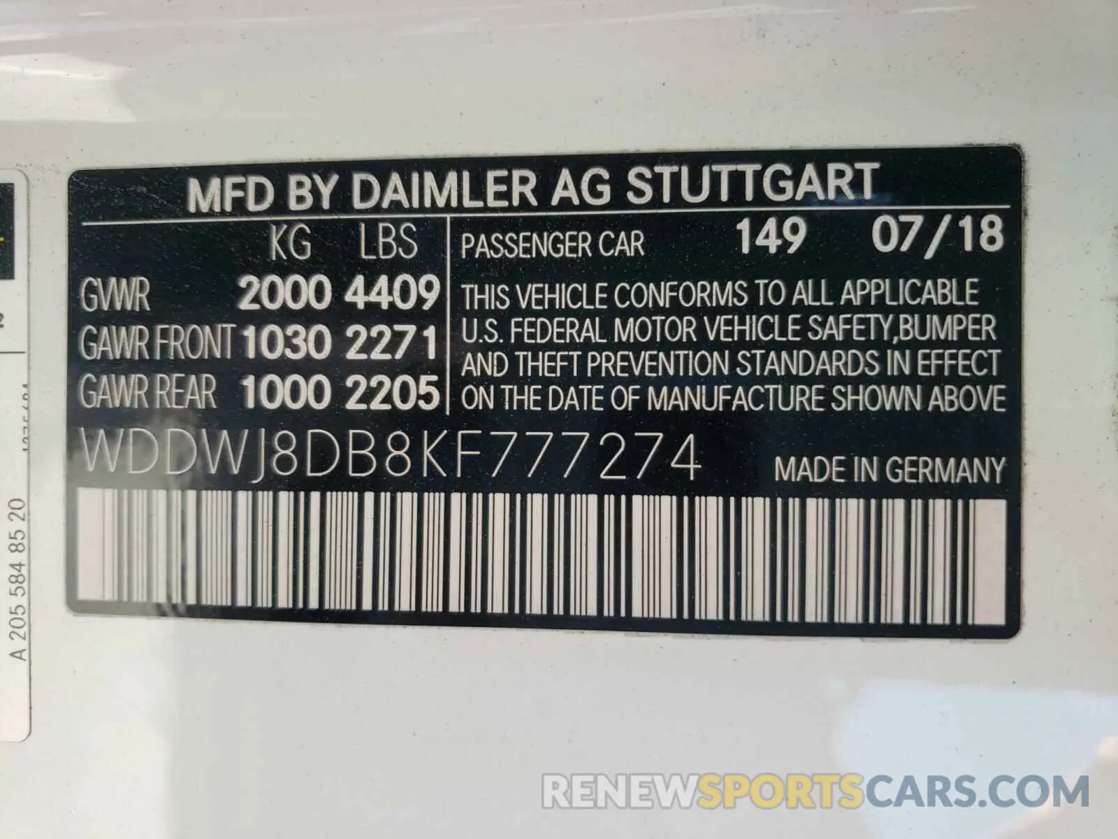 10 fotografías del automóvil dañado WDDWJ8DB8KF777274 MERCEDES-BENZ C CLASS 2019