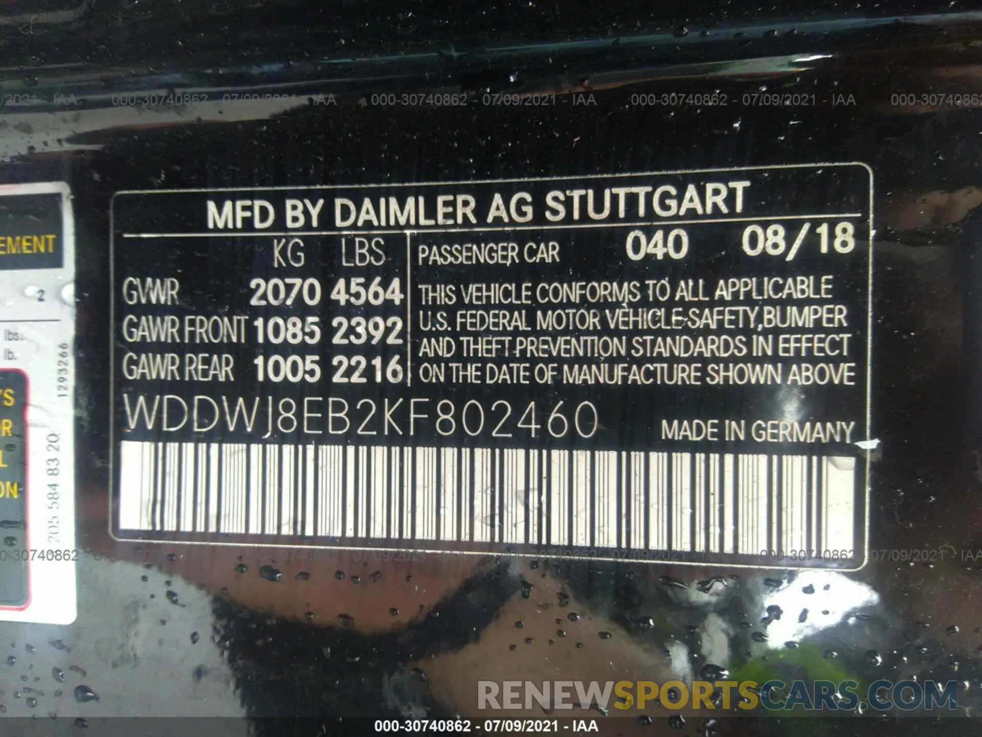 9 fotografías del automóvil dañado WDDWJ8EB2KF802460 MERCEDES-BENZ C-CLASS 2019
