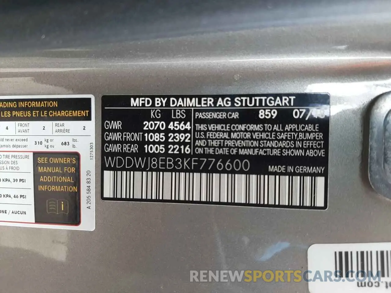 10 fotografías del automóvil dañado WDDWJ8EB3KF776600 MERCEDES-BENZ C-CLASS 2019