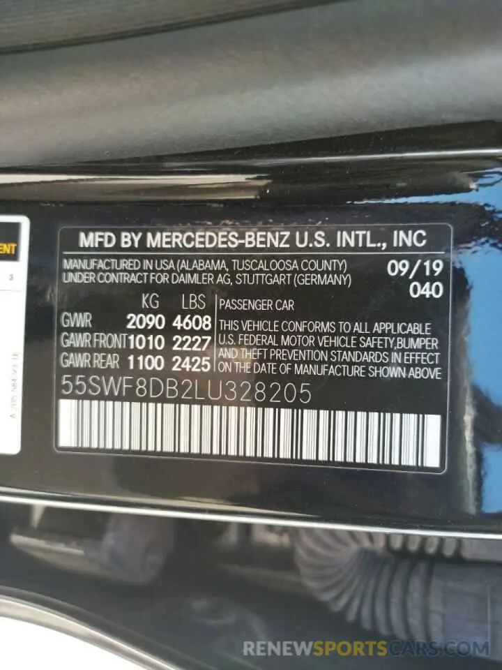 10 fotografías del automóvil dañado 55SWF8DB2LU328205 MERCEDES-BENZ C-CLASS 2020