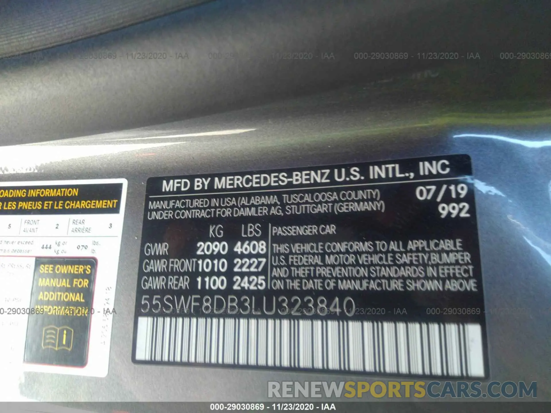 9 fotografías del automóvil dañado 55SWF8DB3LU323840 MERCEDES-BENZ C-CLASS 2020