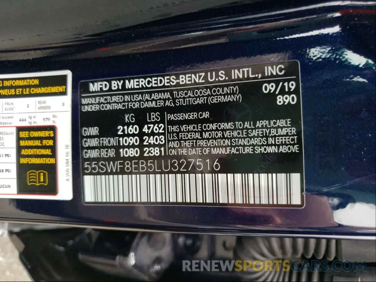 10 fotografías del automóvil dañado 55SWF8EB5LU327516 MERCEDES-BENZ C-CLASS 2020