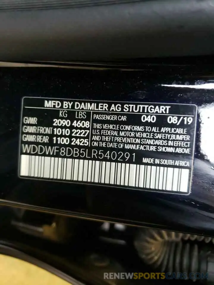 10 fotografías del automóvil dañado WDDWF8DB5LR540291 MERCEDES-BENZ C-CLASS 2020