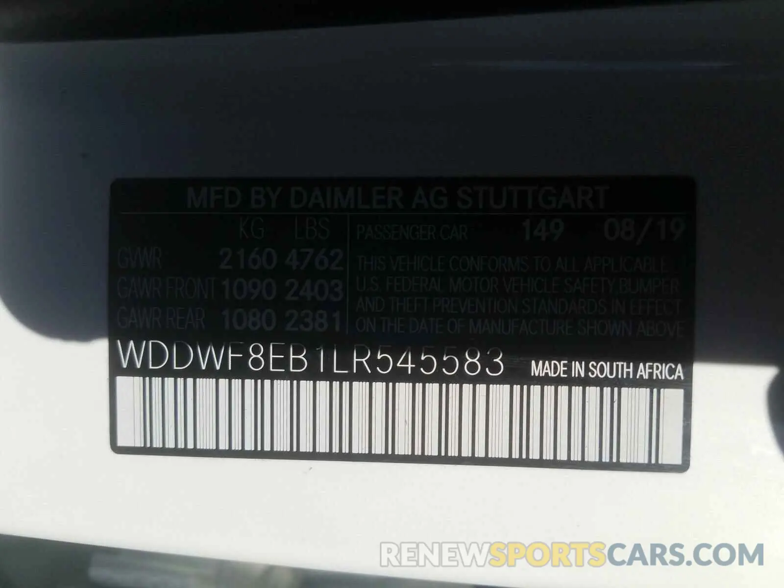 10 fotografías del automóvil dañado WDDWF8EB1LR545583 MERCEDES-BENZ C CLASS 2020