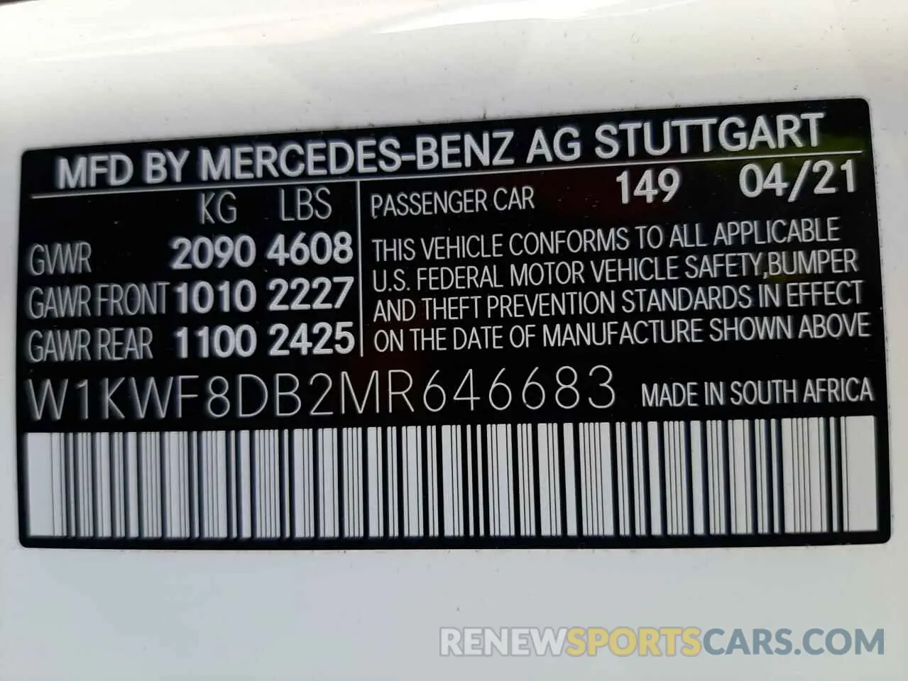 10 fotografías del automóvil dañado W1KWF8DB2MR646683 MERCEDES-BENZ C-CLASS 2021