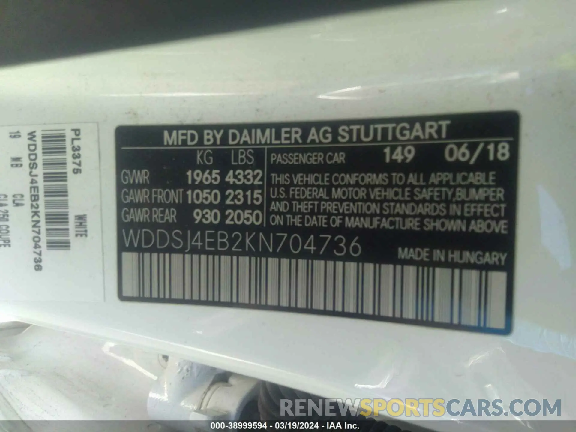 9 fotografías del automóvil dañado WDDSJ4EB2KN704736 MERCEDES-BENZ CLA 2019