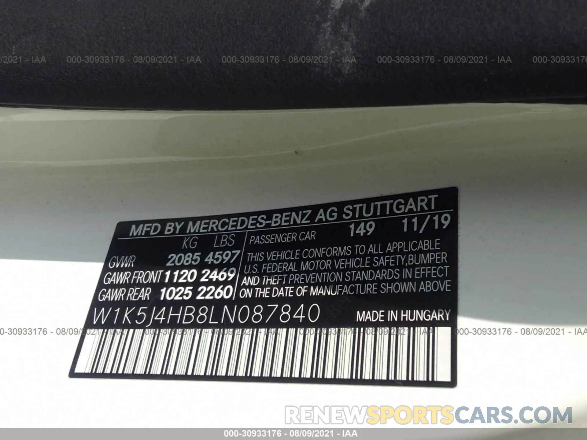 9 fotografías del automóvil dañado W1K5J4HB8LN087840 MERCEDES-BENZ CLA 2020