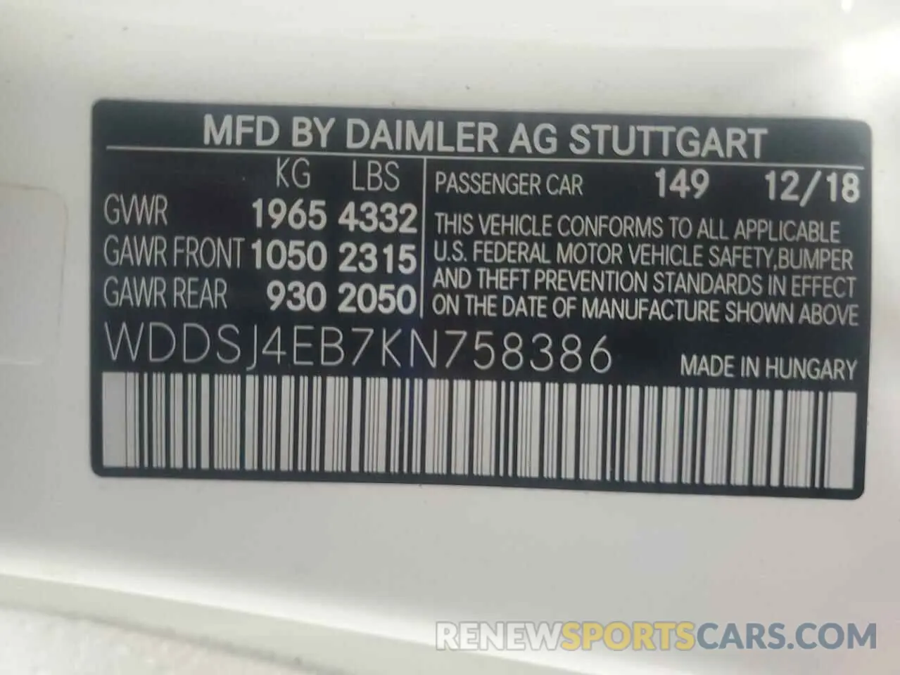 12 fotografías del automóvil dañado WDDSJ4EB7KN758386 MERCEDES-BENZ CLA-CLASS 2019