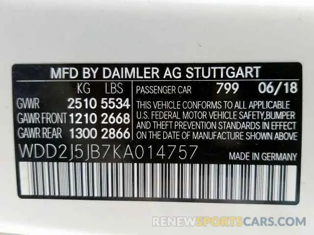10 fotografías del automóvil dañado WDD2J5JB7KA014757 MERCEDES-BENZ CLS 450 2019