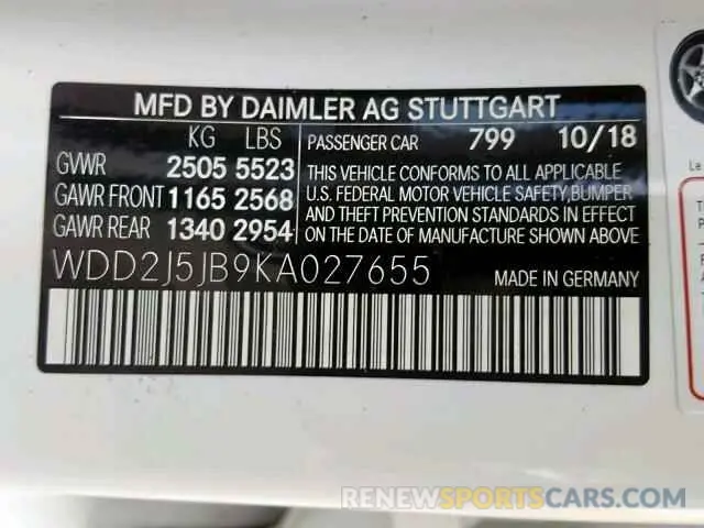10 fotografías del automóvil dañado WDD2J5JB9KA027655 MERCEDES-BENZ CLS 450 2019