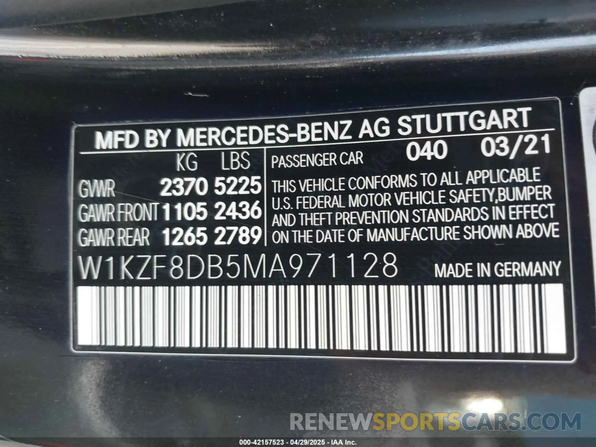 9 fotografías del automóvil dañado W1KZF8DB5MA971128 MERCEDES-BENZ E 350 2021