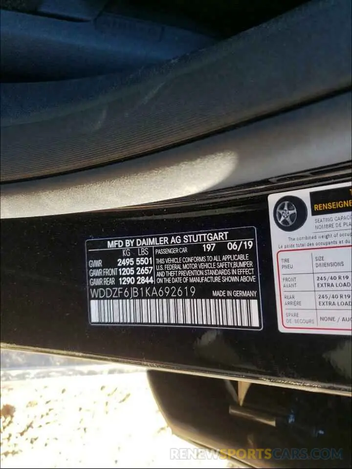 10 fotografías del automóvil dañado WDDZF6JB1KA692619 MERCEDES-BENZ E CLASS 2019