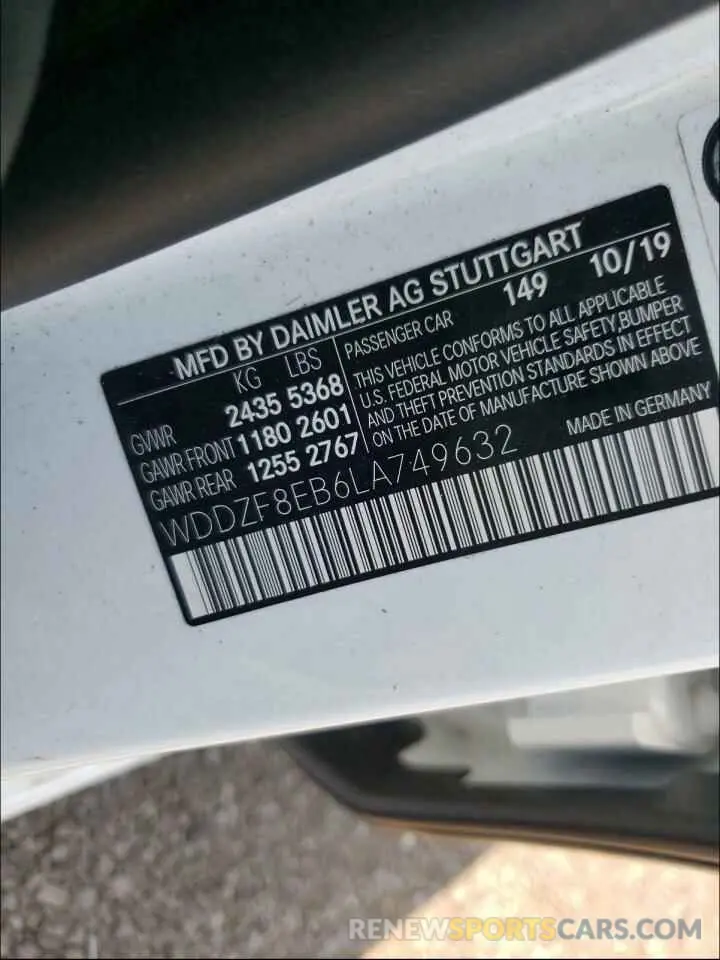 10 fotografías del automóvil dañado WDDZF8EB6LA749632 MERCEDES-BENZ E CLASS 2020