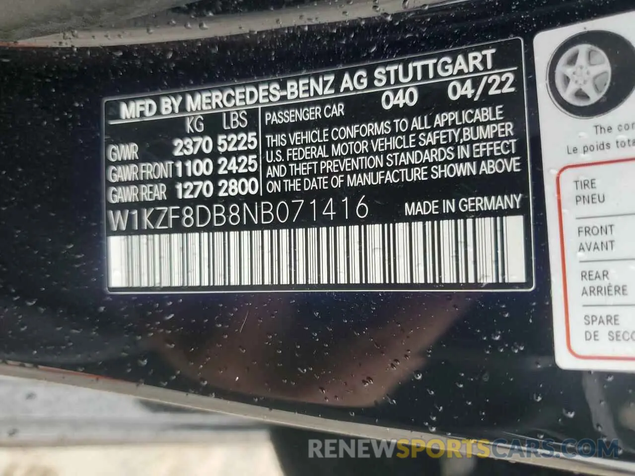 12 fotografías del automóvil dañado W1KZF8DB8NB071416 MERCEDES-BENZ E-CLASS 2022