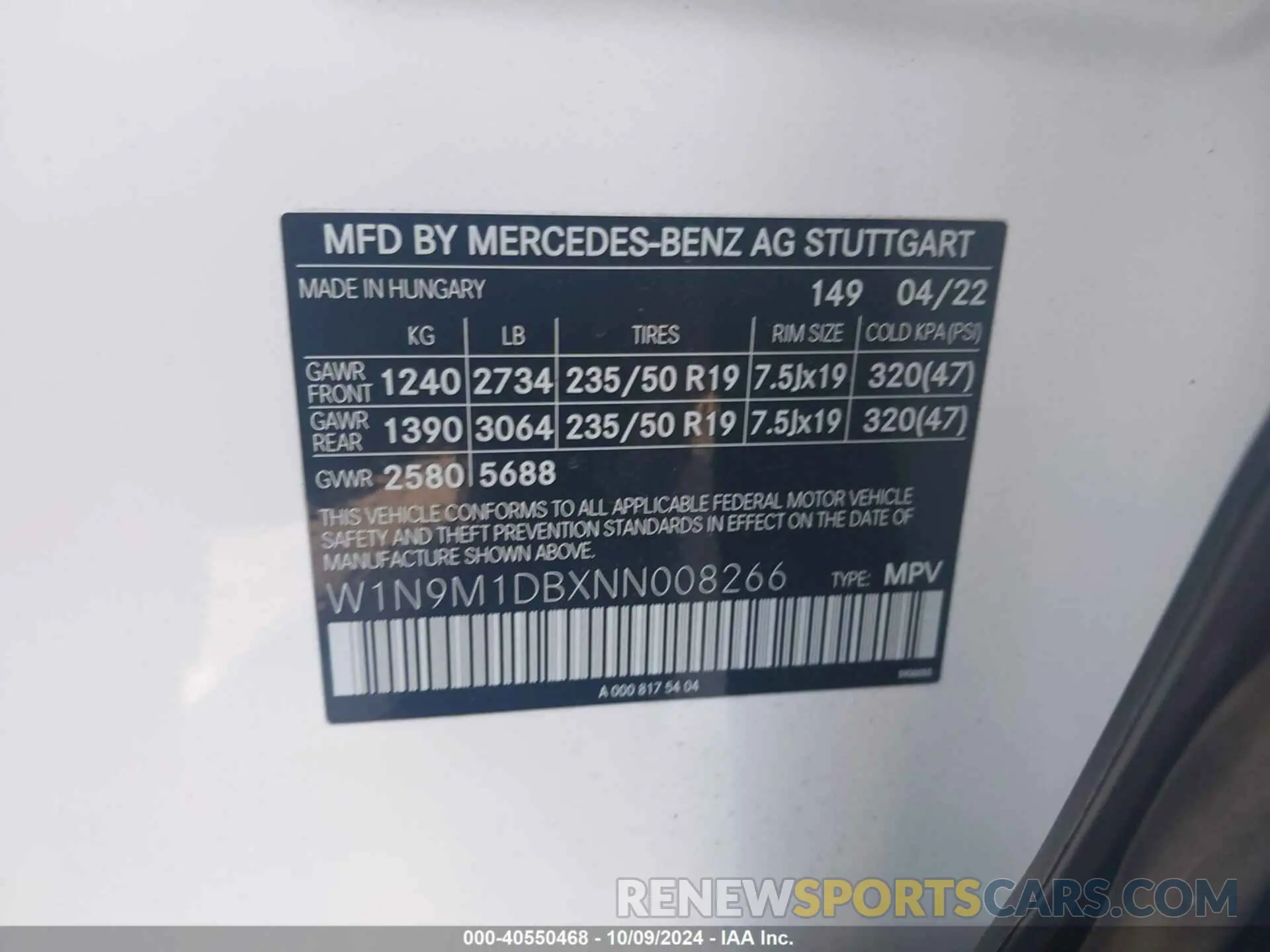9 fotografías del automóvil dañado W1N9M1DBXNN008266 MERCEDES-BENZ EQB 350 SUV 2022