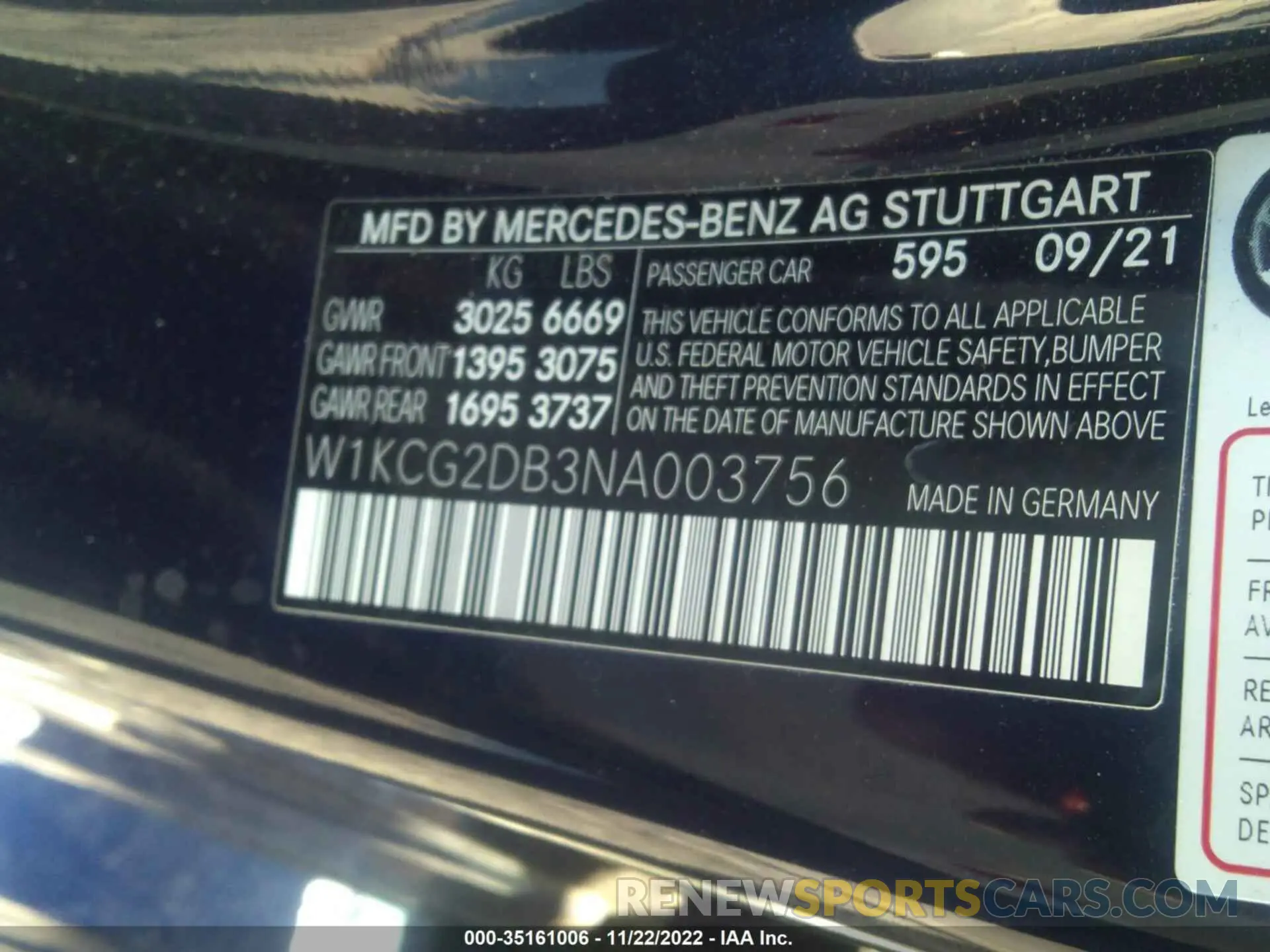 9 fotografías del automóvil dañado W1KCG2DB3NA003756 MERCEDES-BENZ EQS 2022