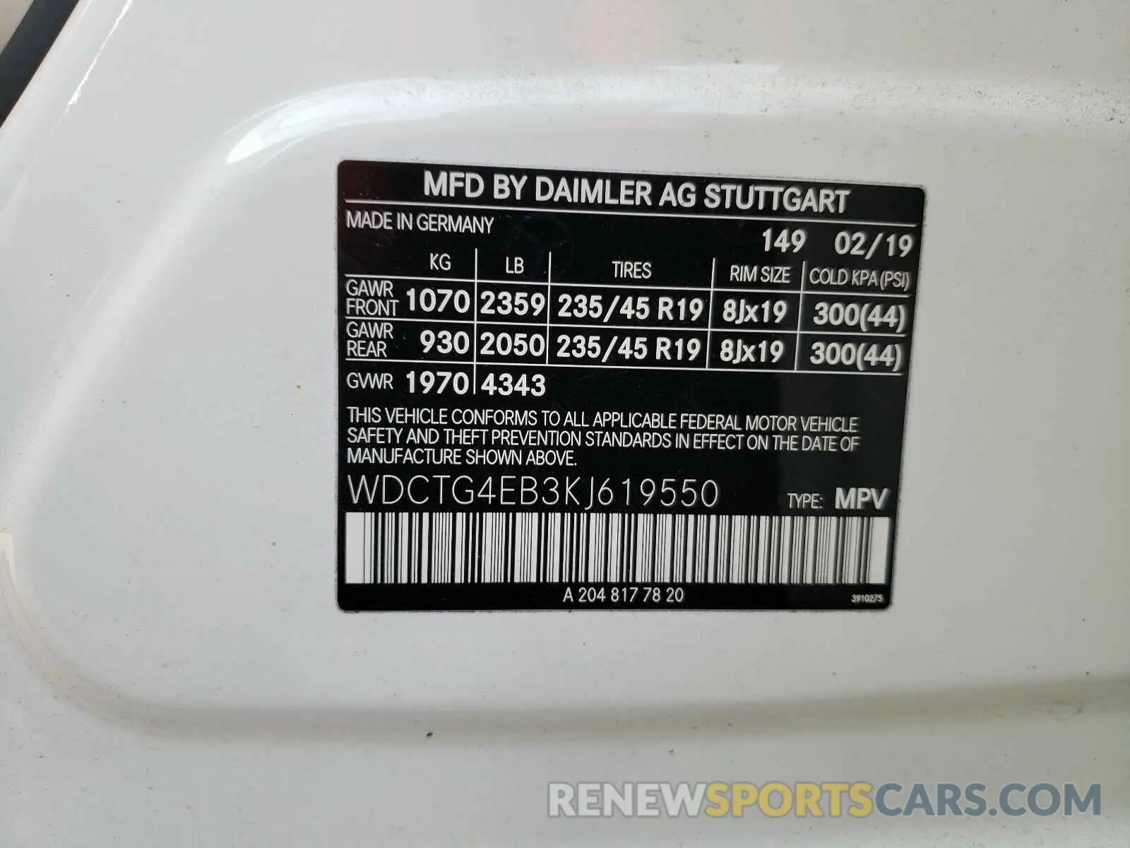 10 fotografías del automóvil dañado WDCTG4EB3KJ619550 MERCEDES-BENZ G CLASS 2019