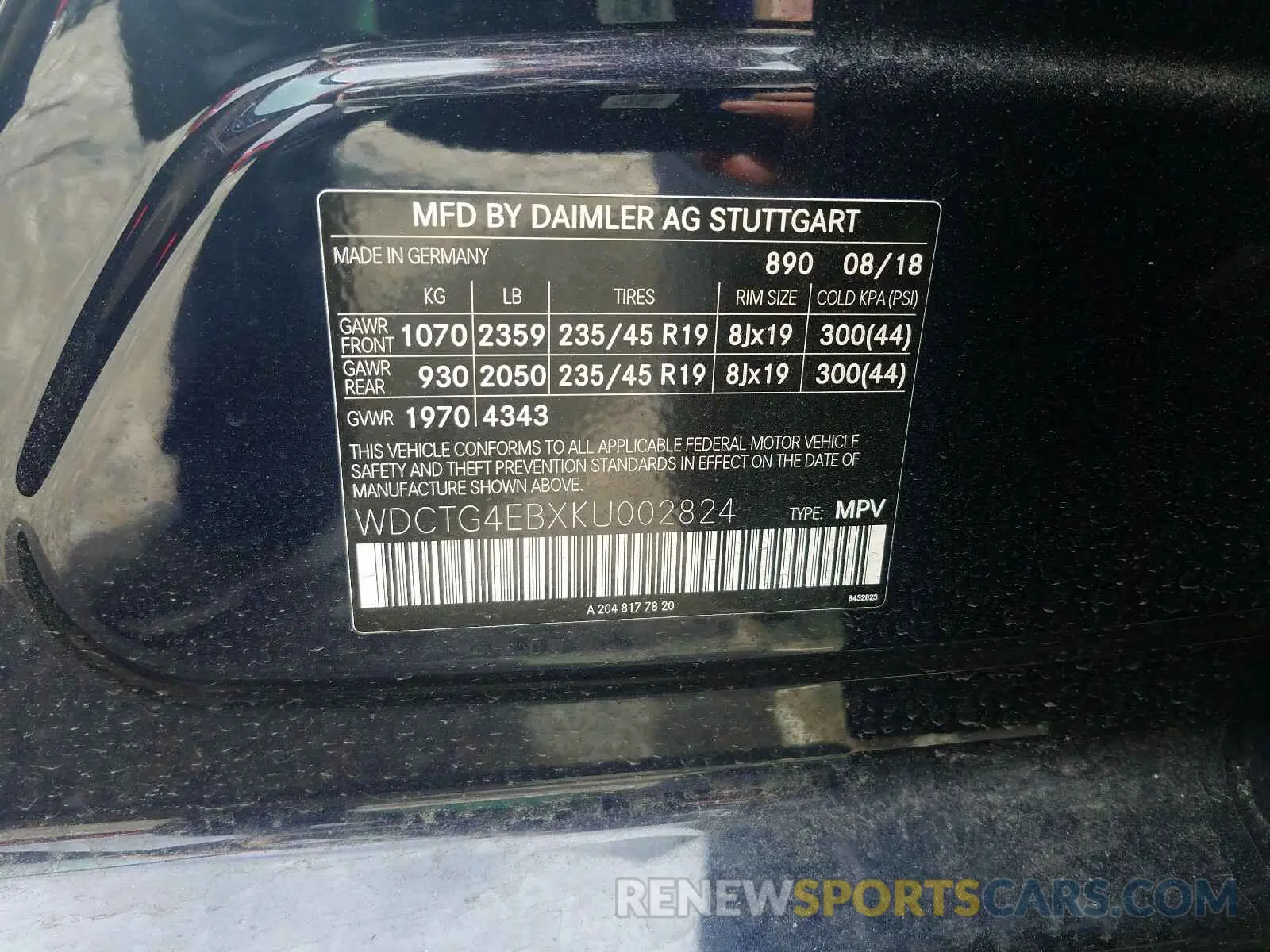 10 fotografías del automóvil dañado WDCTG4EBXKU002824 MERCEDES-BENZ G CLASS 2019