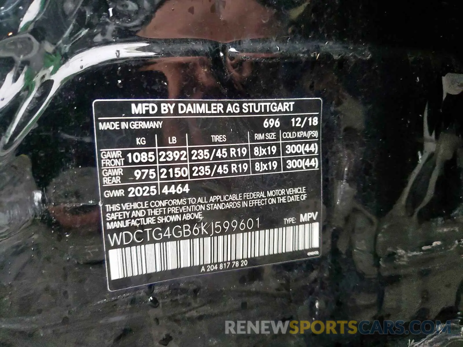 10 fotografías del automóvil dañado WDCTG4GB6KJ599601 MERCEDES-BENZ G CLASS 2019