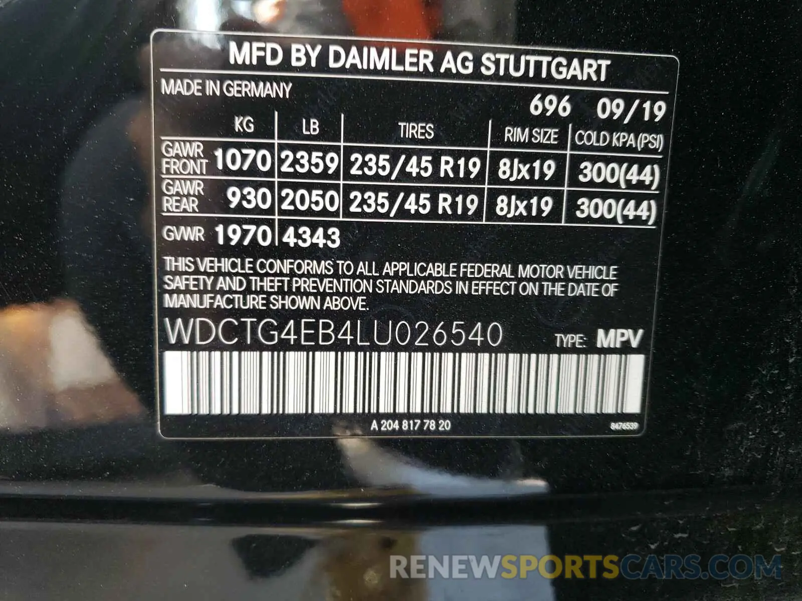 10 fotografías del automóvil dañado WDCTG4EB4LU026540 MERCEDES-BENZ G CLASS 2020