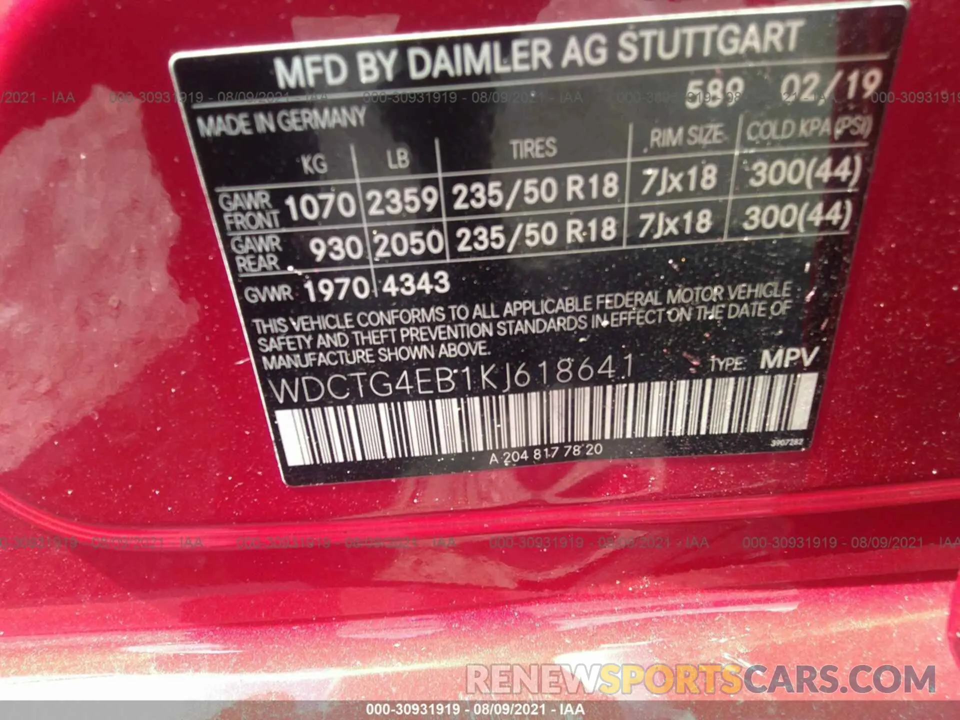 9 fotografías del automóvil dañado WDCTG4EB1KJ618641 MERCEDES-BENZ GLA 2019