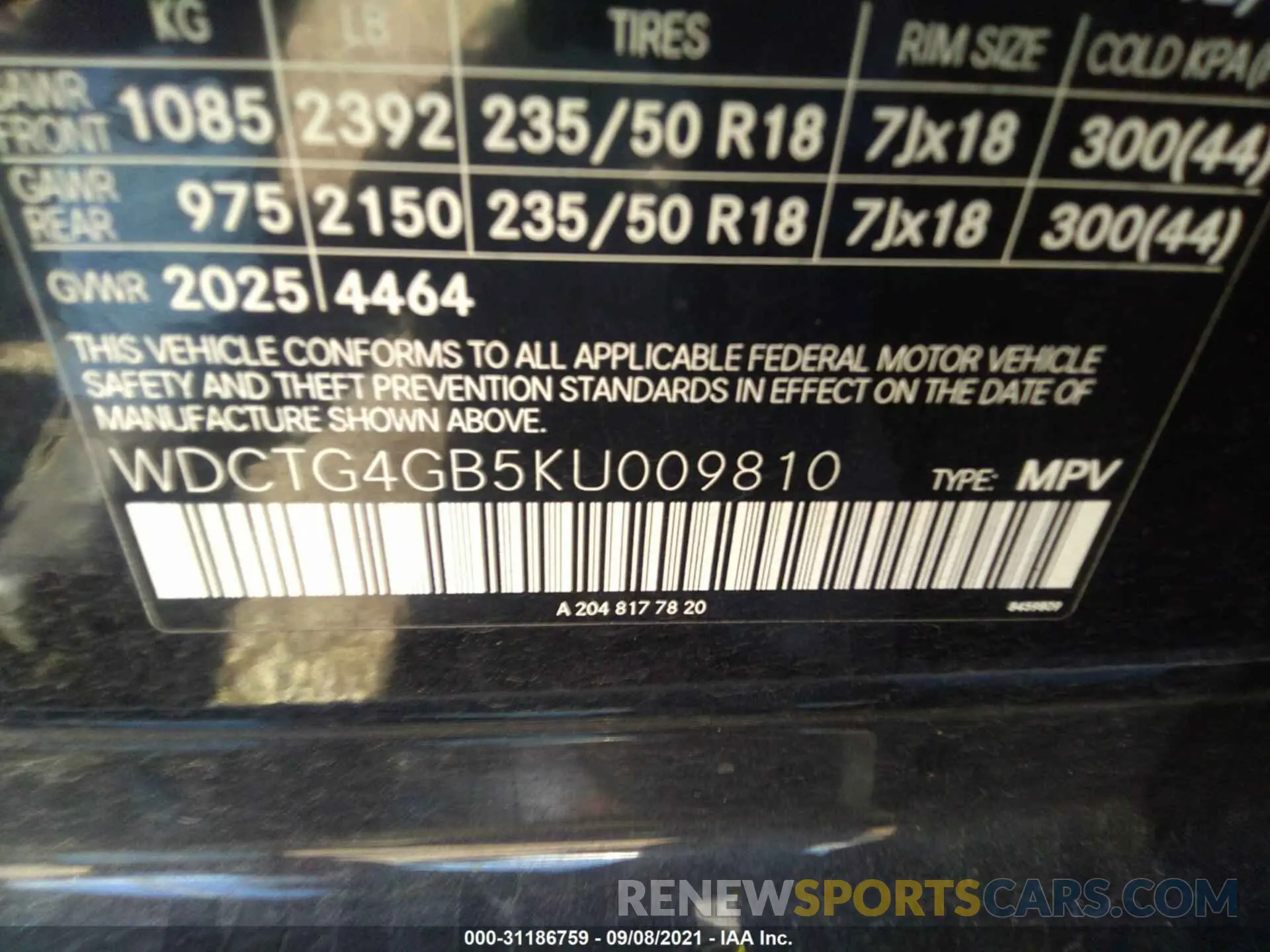 9 fotografías del automóvil dañado WDCTG4GB5KU009810 MERCEDES-BENZ GLA 2019