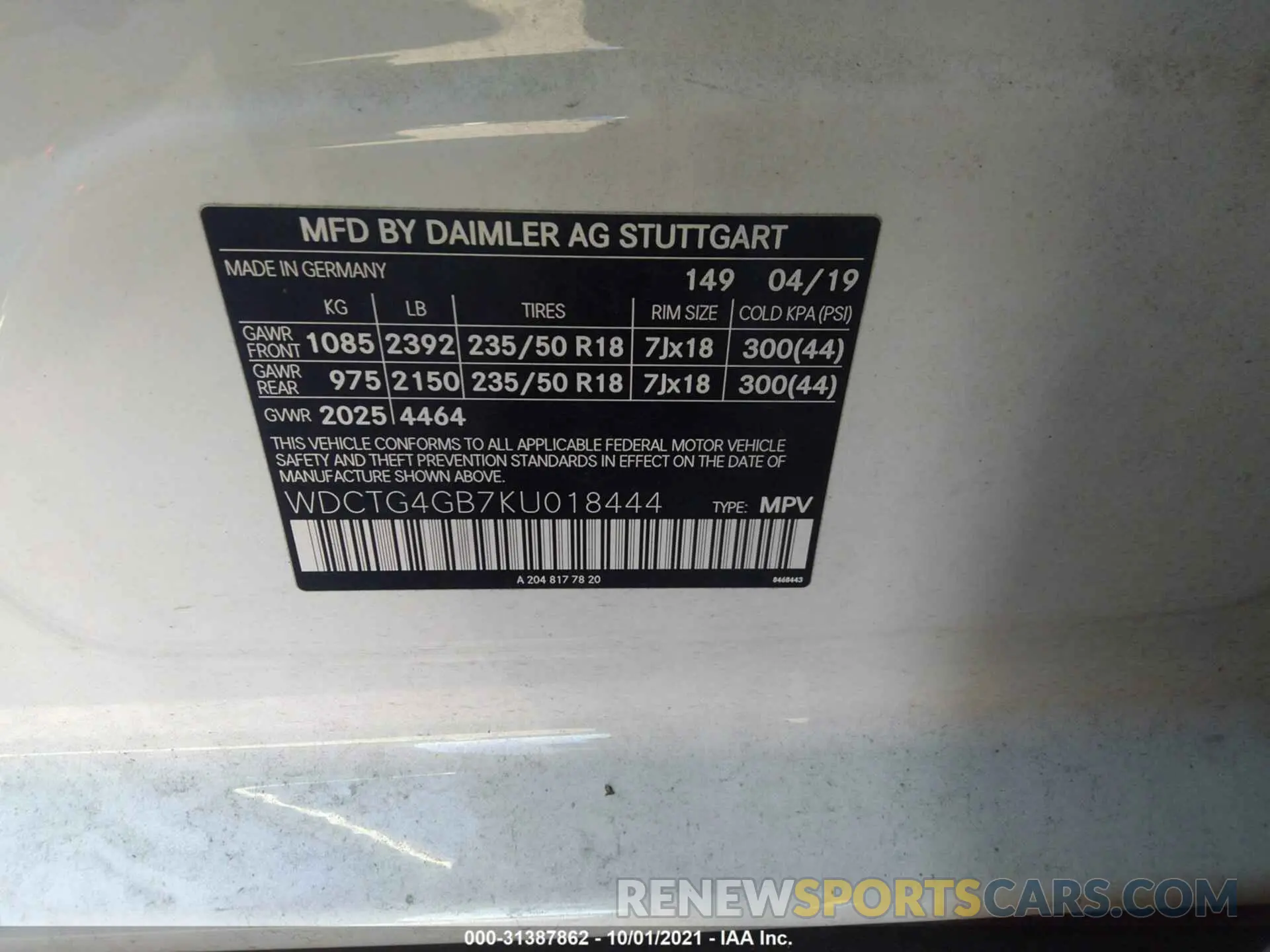 9 fotografías del automóvil dañado WDCTG4GB7KU018444 MERCEDES-BENZ GLA 2019