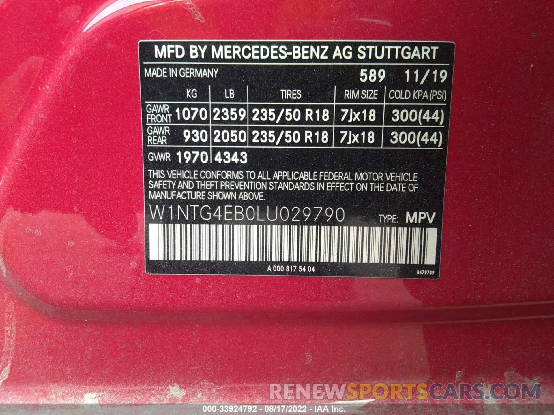 9 fotografías del automóvil dañado W1NTG4EB0LU029790 MERCEDES-BENZ GLA 2020