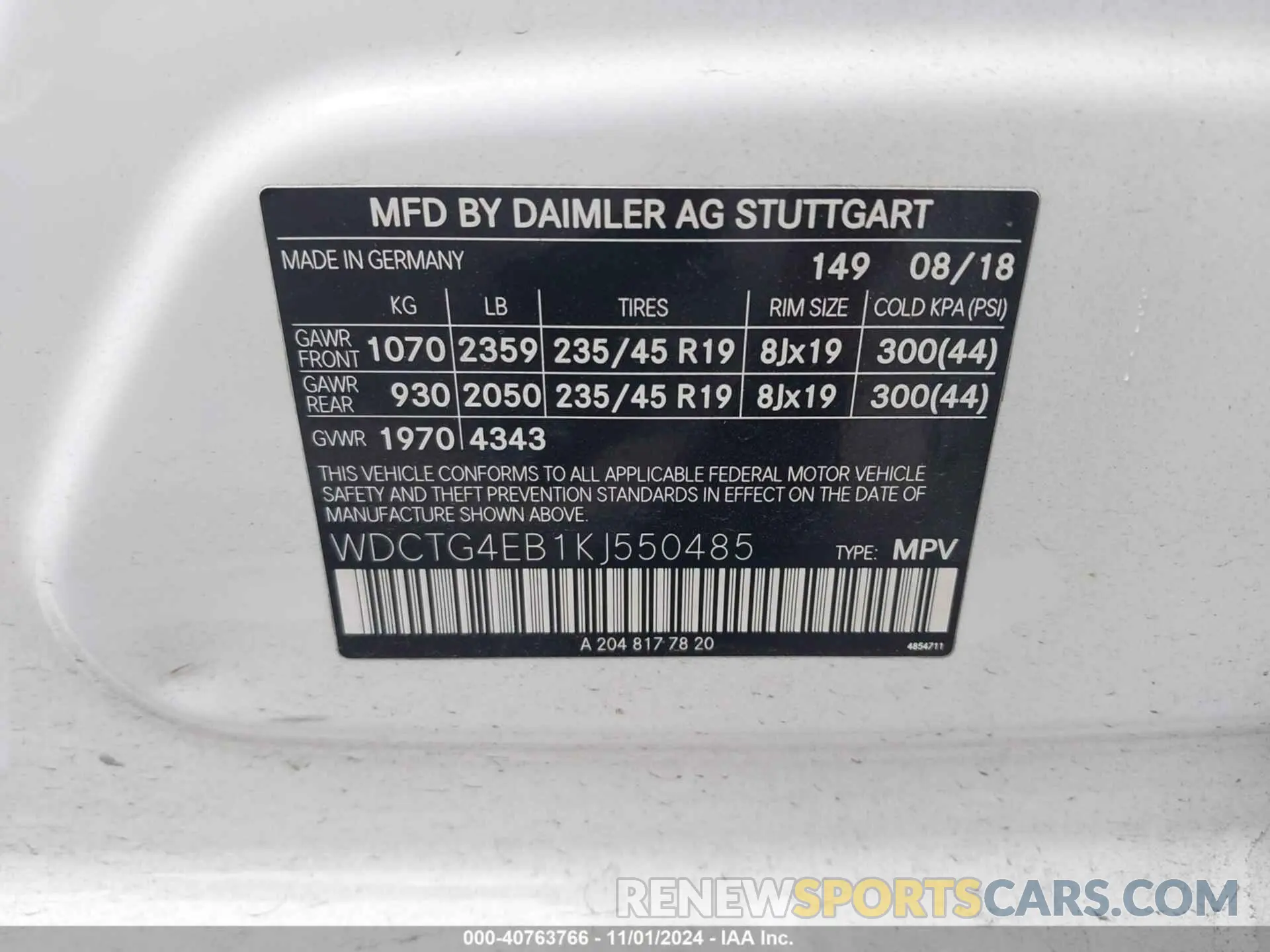 9 fotografías del automóvil dañado WDCTG4EB1KJ550485 MERCEDES-BENZ GLA 250 2019