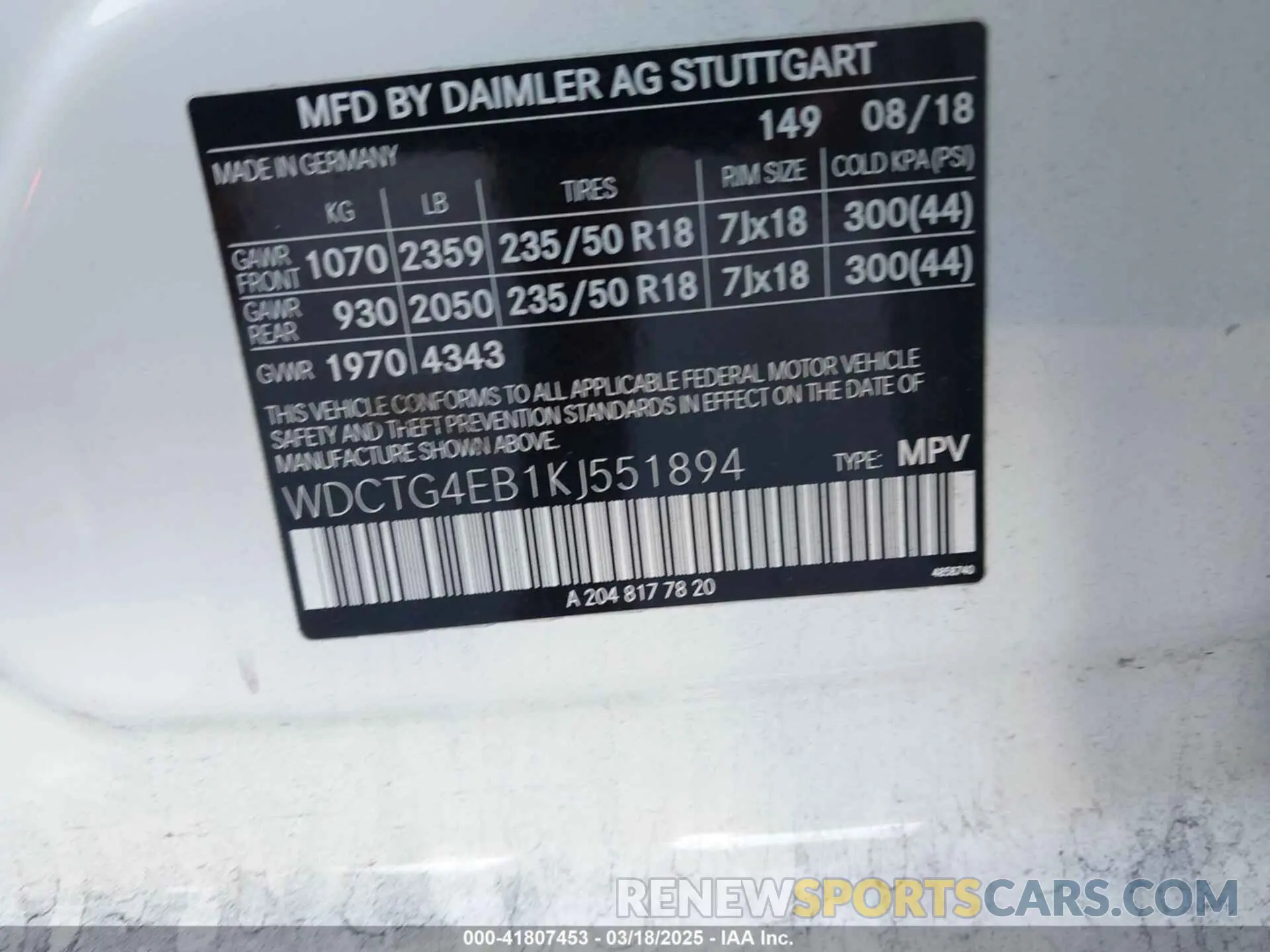 9 fotografías del automóvil dañado WDCTG4EB1KJ551894 MERCEDES-BENZ GLA 250 2019