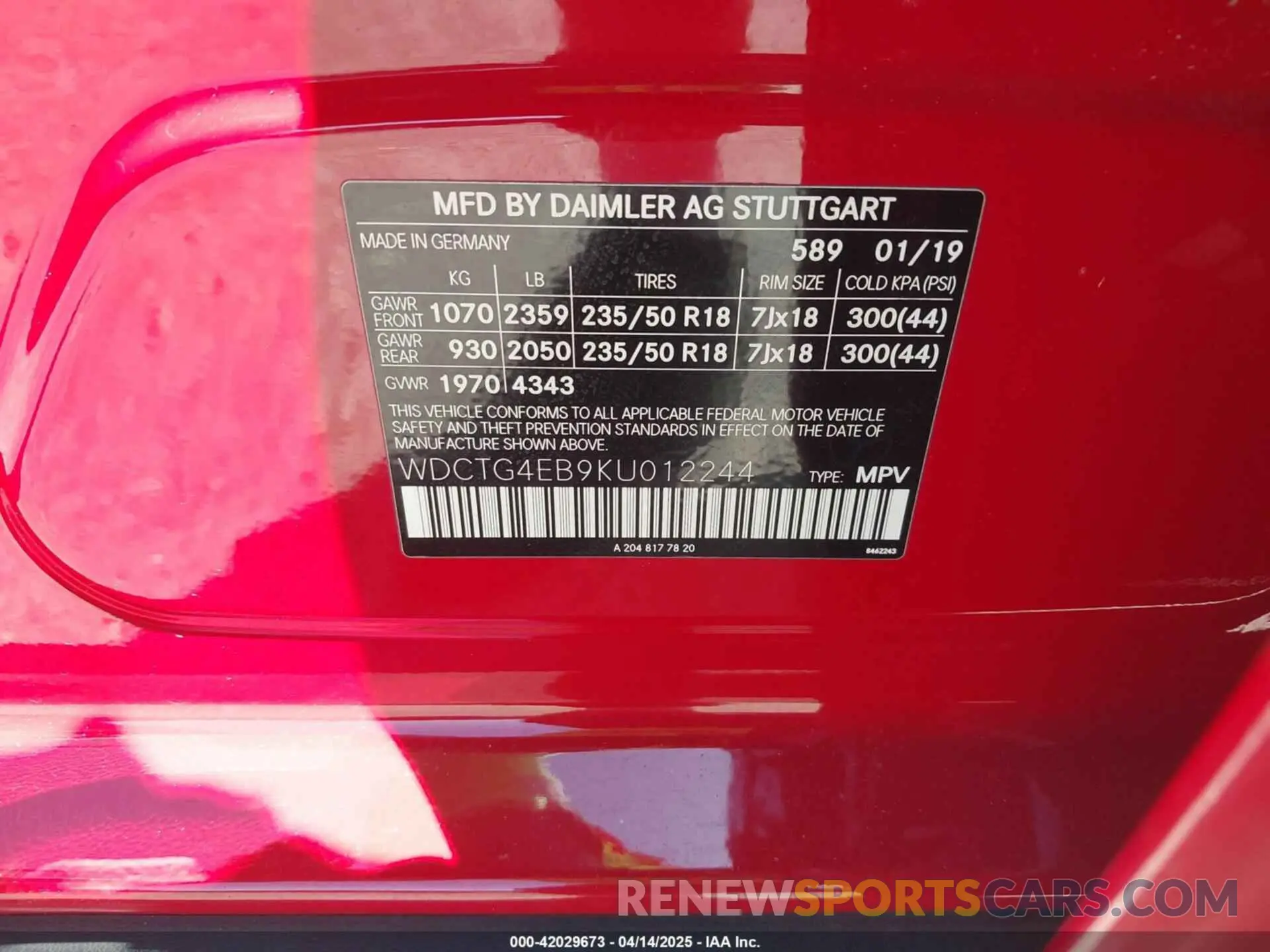 9 fotografías del automóvil dañado WDCTG4EB9KU012244 MERCEDES-BENZ GLA 250 2019