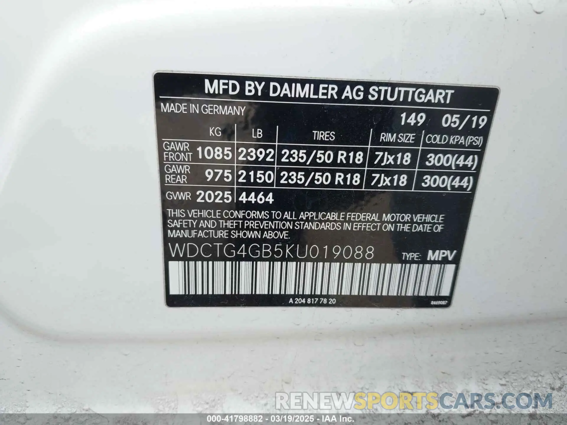 9 fotografías del automóvil dañado WDCTG4GB5KU019088 MERCEDES-BENZ GLA 250 2019