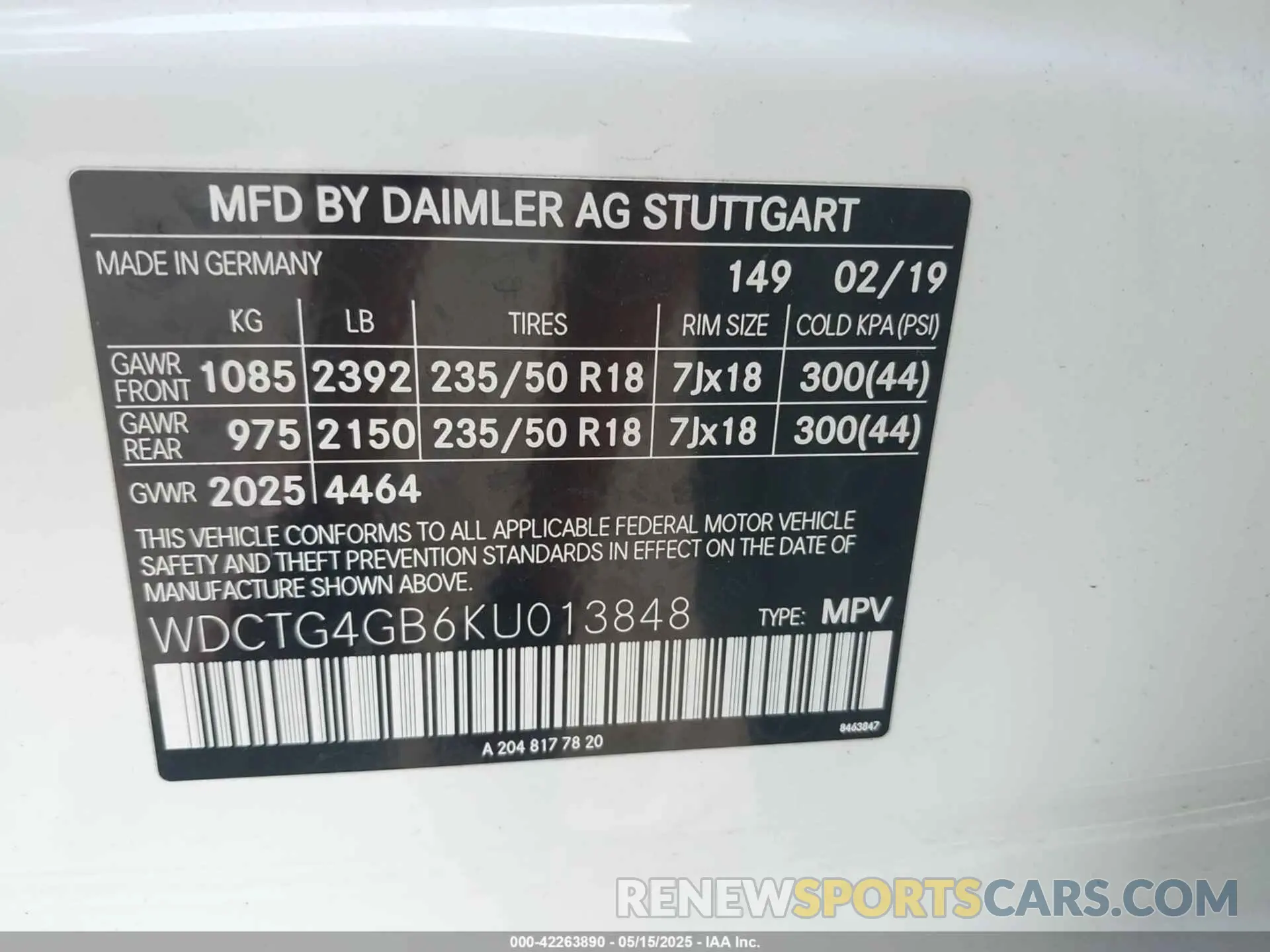 9 fotografías del automóvil dañado WDCTG4GB6KU013848 MERCEDES-BENZ GLA 250 2019
