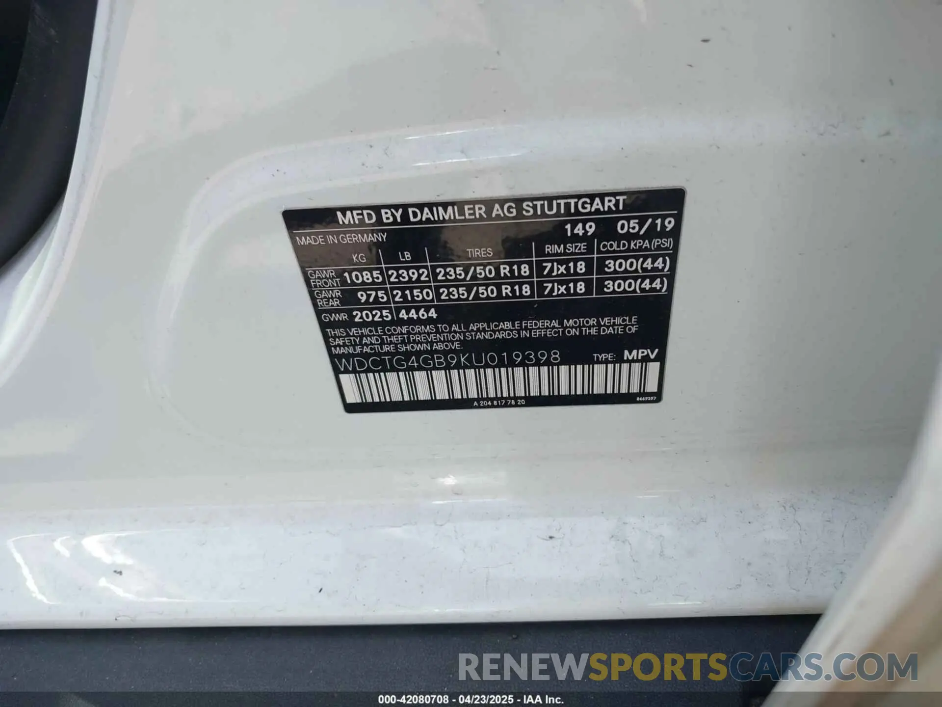 9 fotografías del automóvil dañado WDCTG4GB9KU019398 MERCEDES-BENZ GLA 250 2019