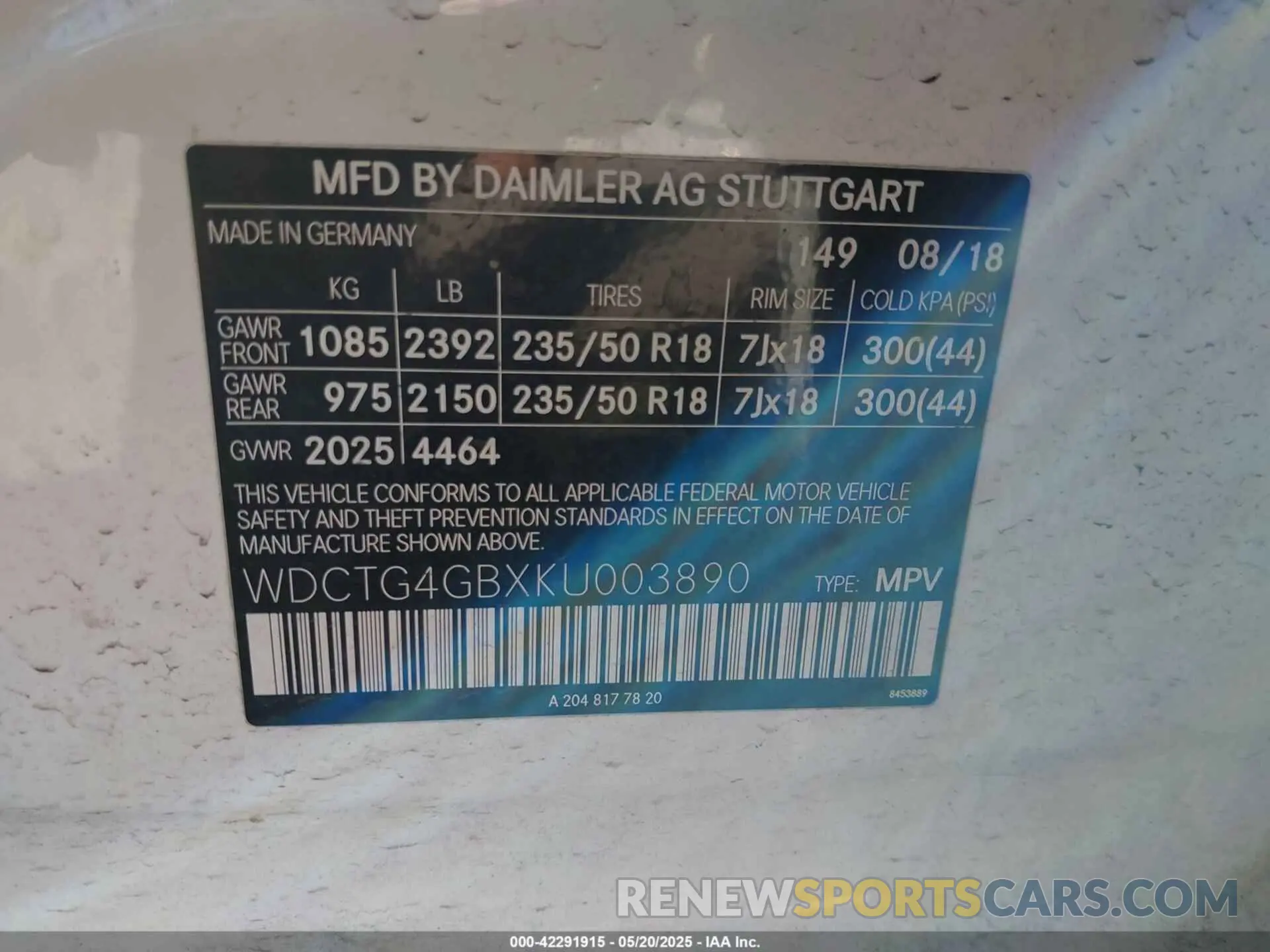 9 fotografías del automóvil dañado WDCTG4GBXKU003890 MERCEDES-BENZ GLA 250 2019