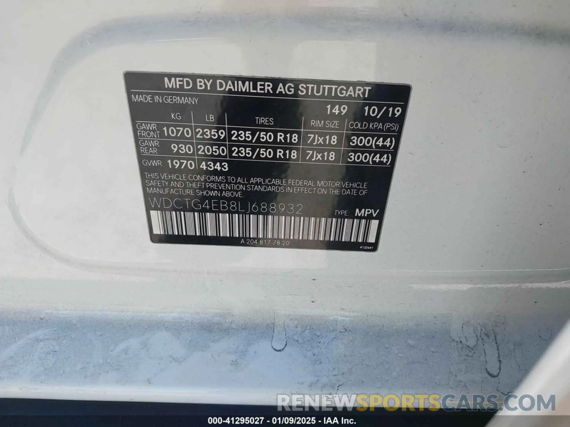9 fotografías del automóvil dañado WDCTG4EB8LJ688932 MERCEDES-BENZ GLA 250 2020